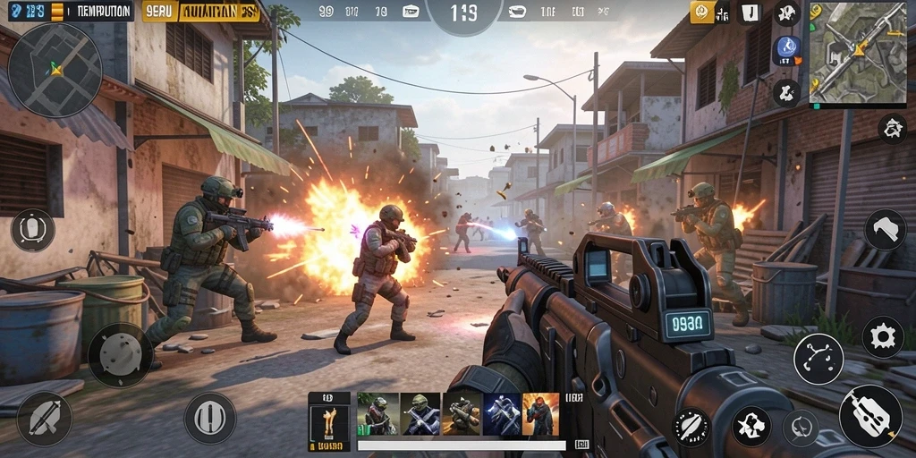 Screenshot gameplay 9939 menampilkan aksi tembak-menembak yang intens.