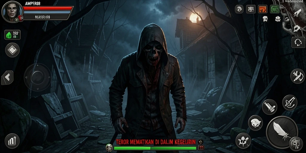 Tampilan gameplay menegangkan dari AMPER88 saat menghadapi makhluk menyeramkan.