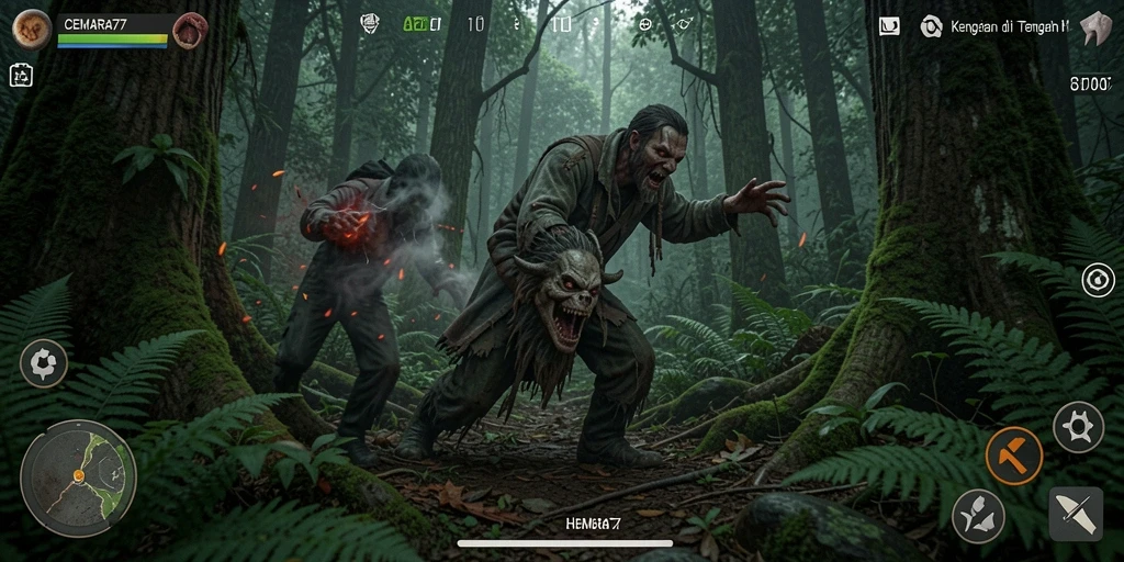Tampilan gameplay menegangkan di tengah kegelapan hutan.