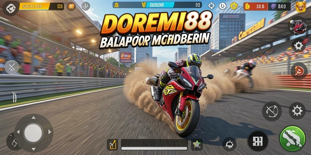 Tampilan gameplay mendebarkan dari DOREMI88 dengan aksi balap motor yang cepat.