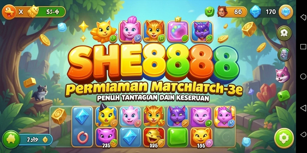 Tampilan gameplay seru dari SHE888 dengan tantangan Match-3.